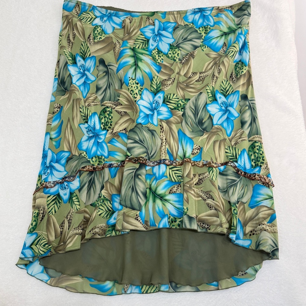 SLB Silk Tropical Floral High Low Skirt Womens 2X Green Blue Resort Vacation